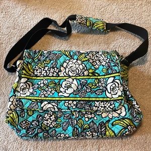 Vera Bradley, blue white, and green laptop case with over the shoulder strap.